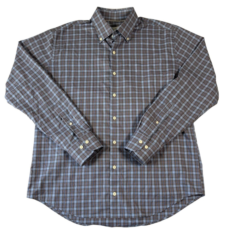 Peter Millar Mens Large Blue Plaid Button Down Shirt Long Sleeve Cotton Stretch